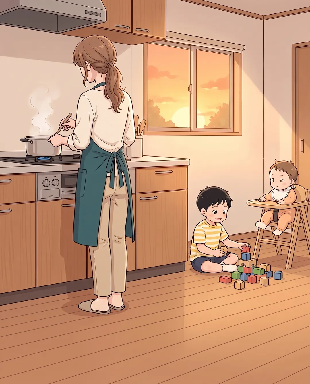 夕方のキッチン。コンロの前に立つ母親の後ろ姿と、鍋から上がる湯気。床で積み木遊びをする長男と、ハイチェアに座る次男。
