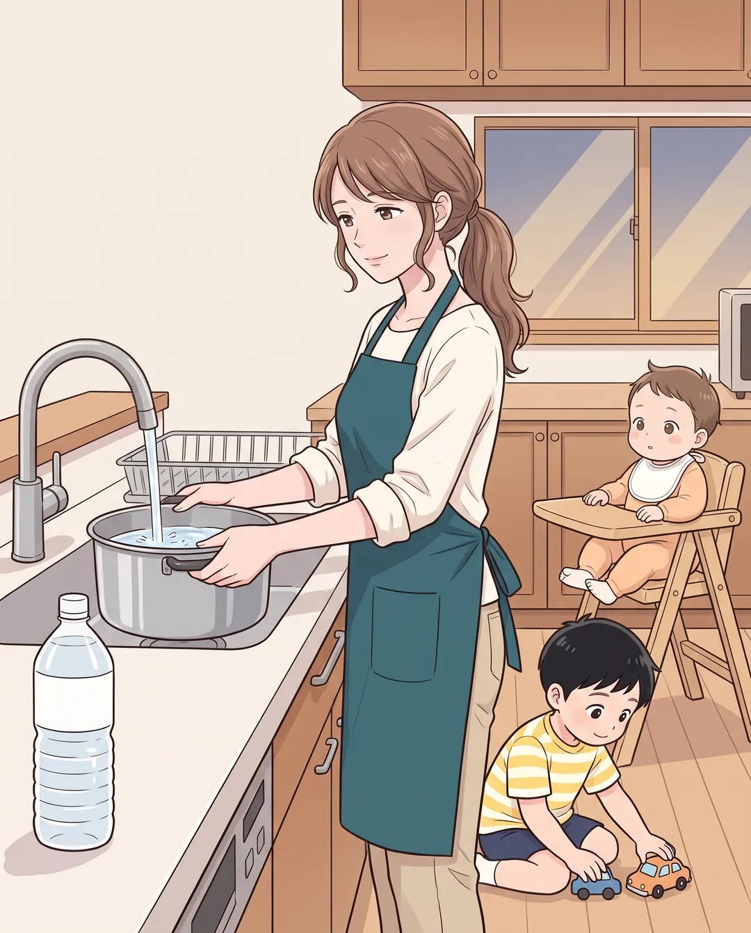 母親が蛇口の水を鍋に注いでいる。手前のカウンターには飲み水用のペットボトル。足元で長男が遊び、奥のハイチェアに次男。
