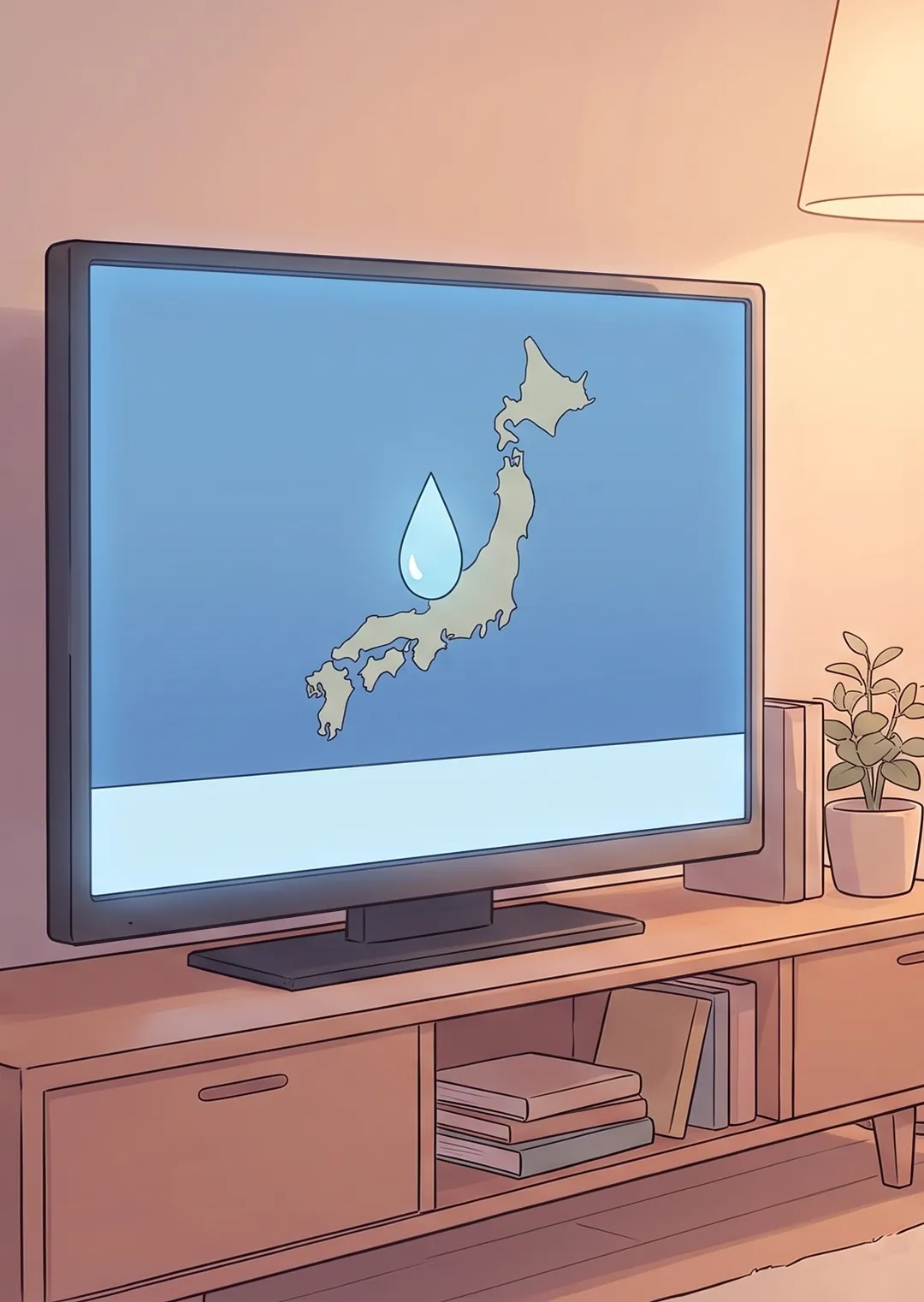 テレビにニュース番組が映っている。画面には日本地図と水滴のマーク。