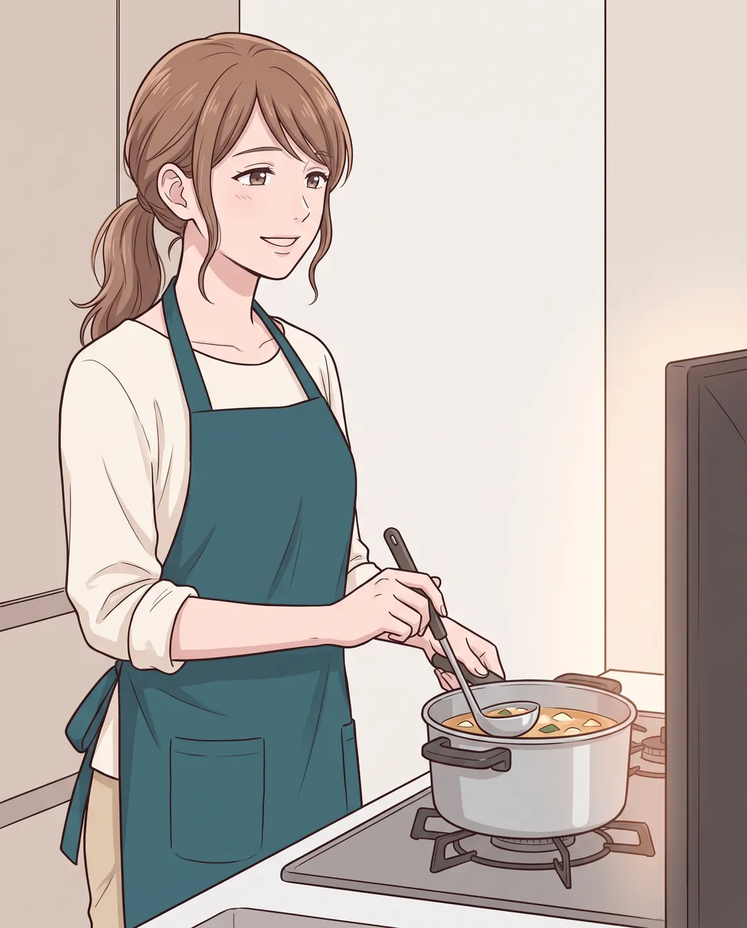 味噌汁をかき混ぜながら、横目でテレビを見る母親。のんびりした表情。