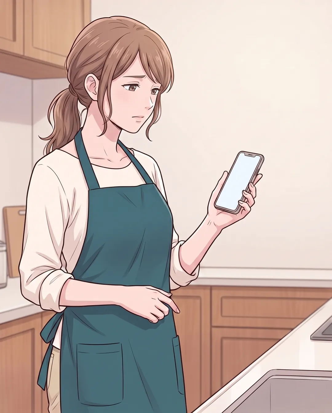 キッチンでスマートフォンを見つめる母親。眉を下げ、口を閉じて不安げな表情。