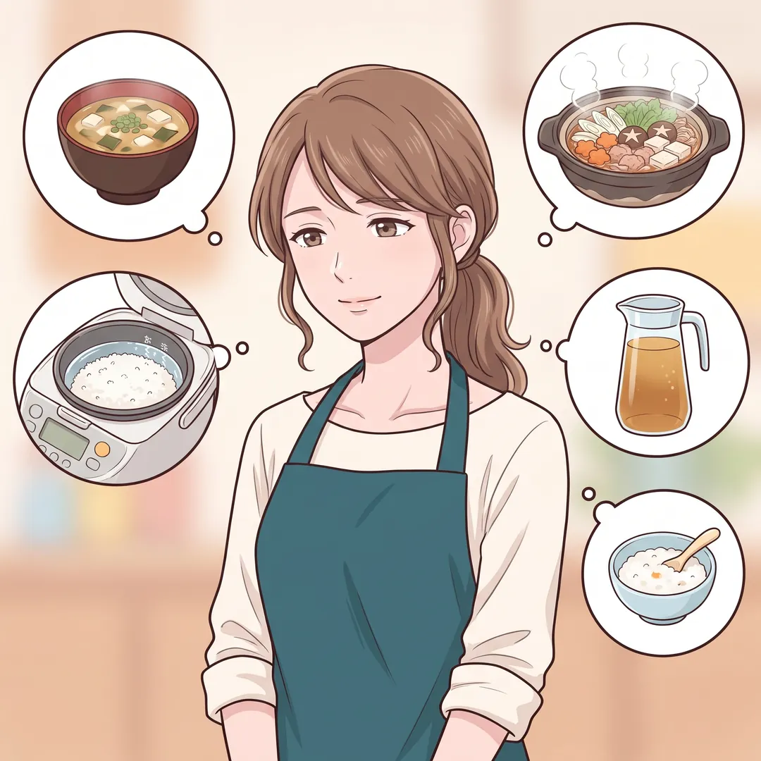 考える母親のまわりに、味噌汁、鍋料理、お米を研ぐ水、麦茶、離乳食のおかゆが浮かんでいる。