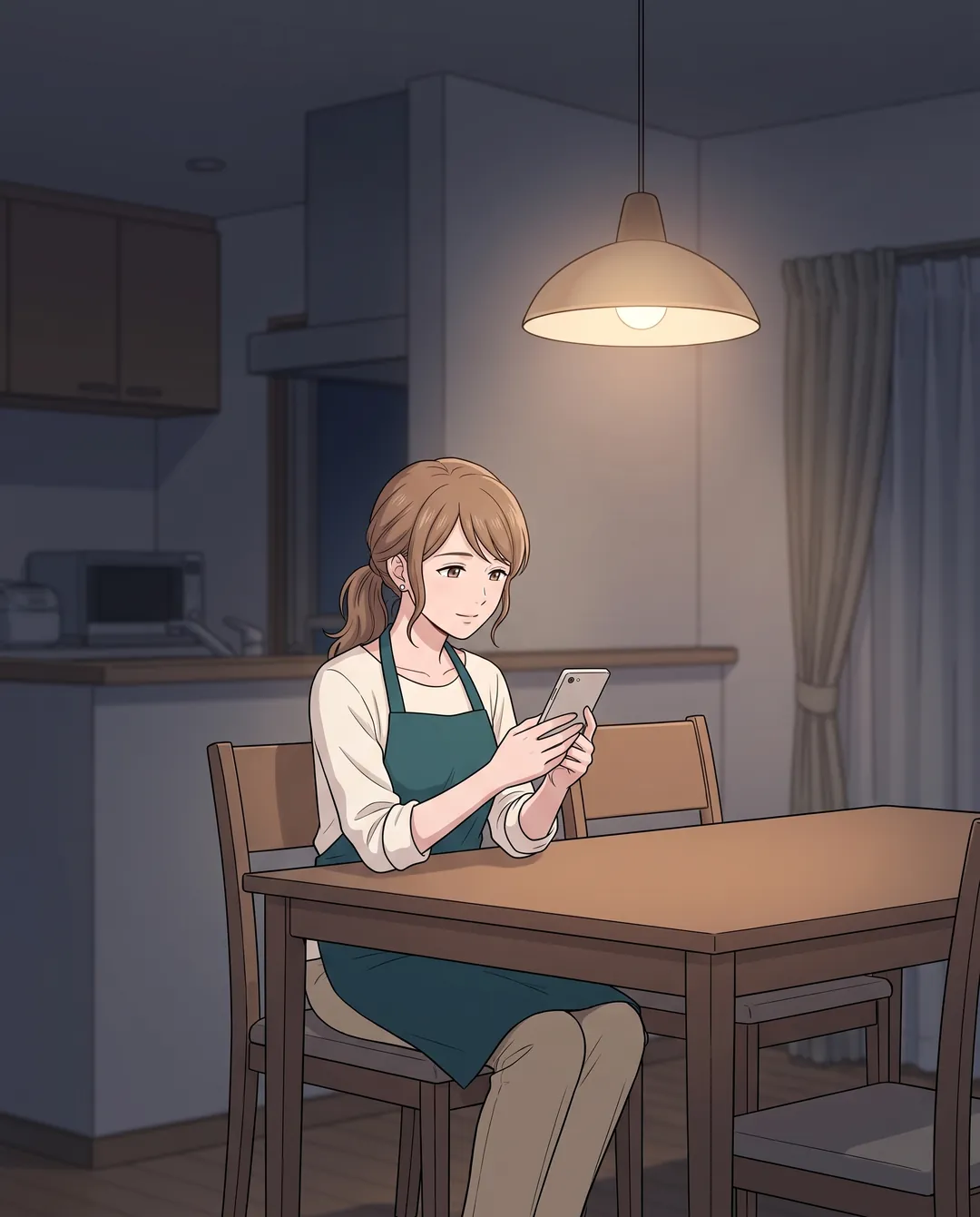 夜、子どもが寝たあとのダイニング。テーブルでスマートフォンを見る母親。