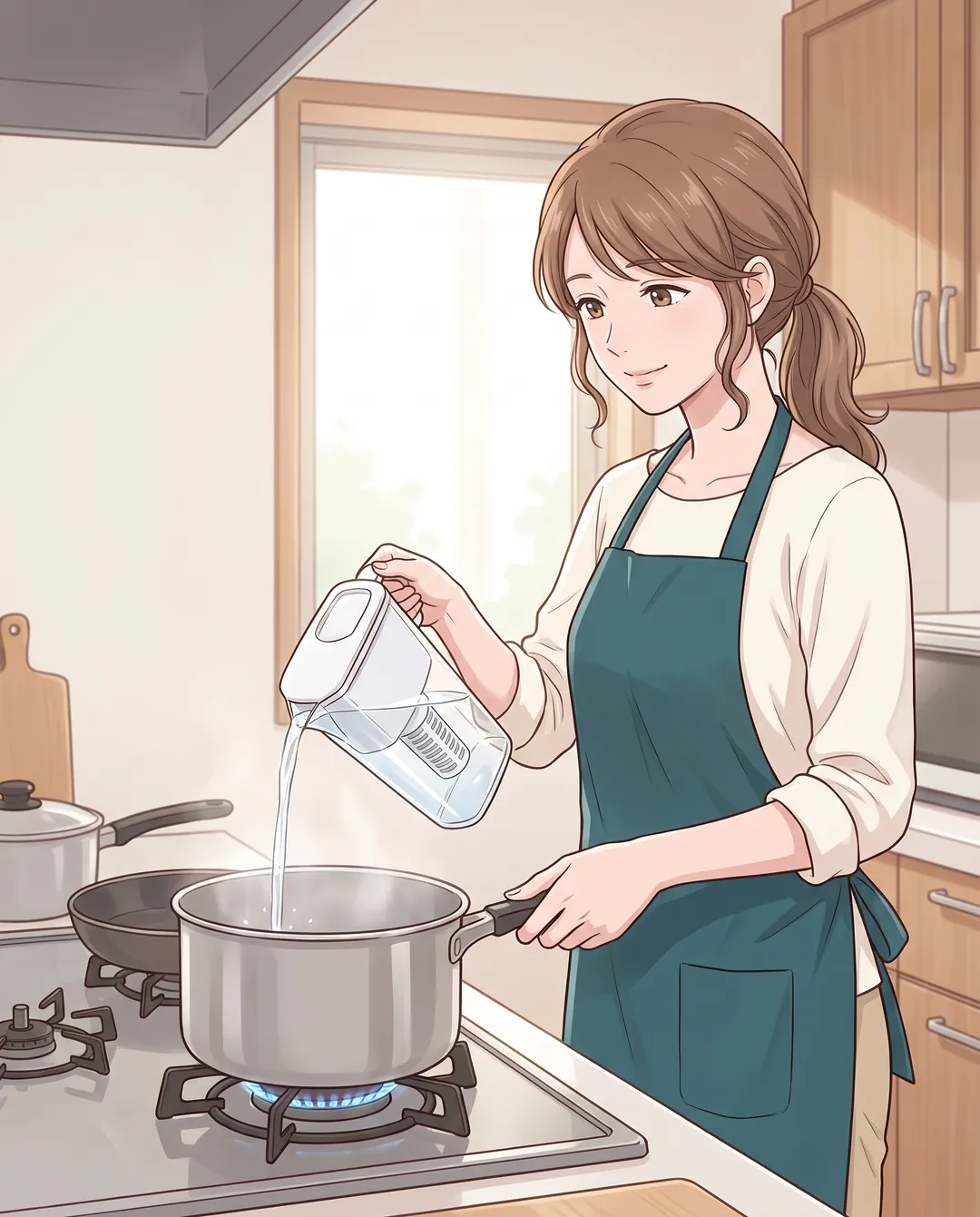 明るいキッチン。母親が浄水ポットから鍋に水を注いでいる。