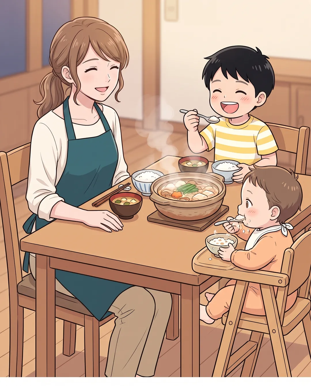 食卓で鍋と味噌汁を囲む家族。笑顔の母親と長男、ハイチェアでおかゆを食べる次男。