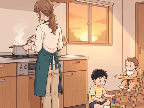 マンガの扉。夕方のキッチンで料理をする母親と、遊ぶ子どもたち。