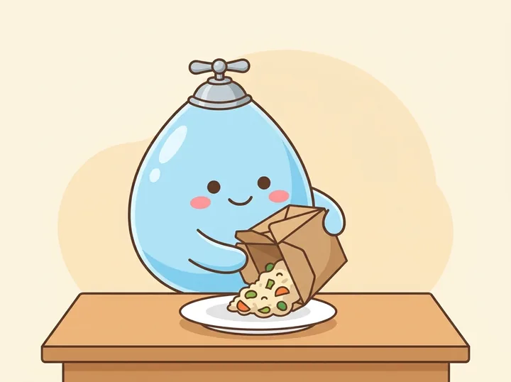 持ち帰り用の紙容器から料理を陶器の皿に移しているみずたま