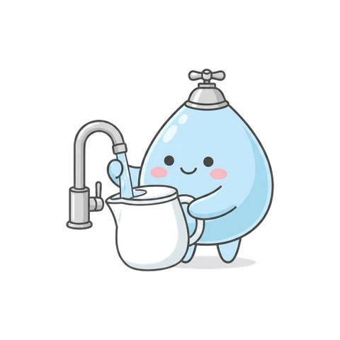 蛇口から浄水ポットに水道水を注ぐみずたま（イラスト）