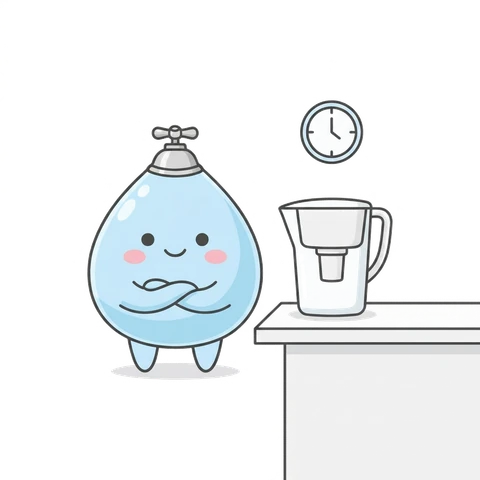 浄水ポットの横で待つみずたま（イラスト）