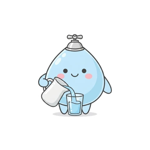 浄水ポットからグラスに水を注ぐみずたま（イラスト）